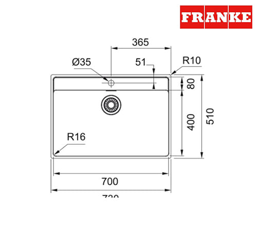 Franke Maris Mr× 210-70TL - Stainless Steel Kitchen Sink 1 Bowl 73×51 Cm - 127.0525.286