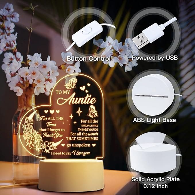 Heart Shaped Acrilic Desk Lamp For Aunt With Plastic Base & Switch Control - Charged By USB - B0BQD9W7RJ