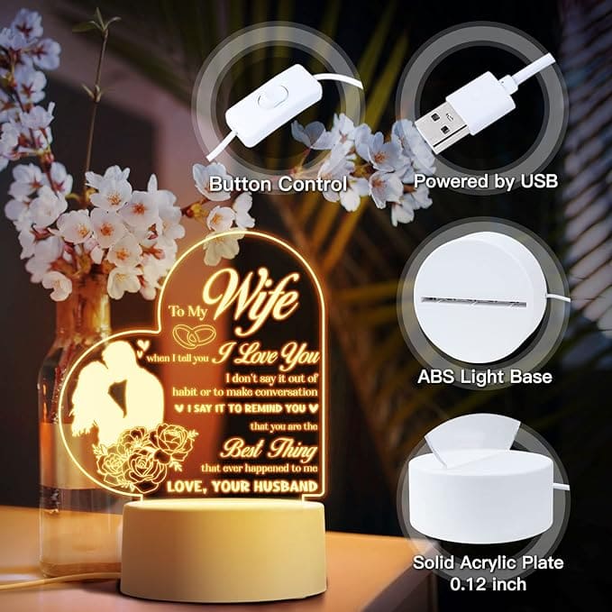 Heart Shaped Acrilic Desk Lamp For Wife With Plastic Base & Switch Control - Charged By USB - B0BBG9F4XF