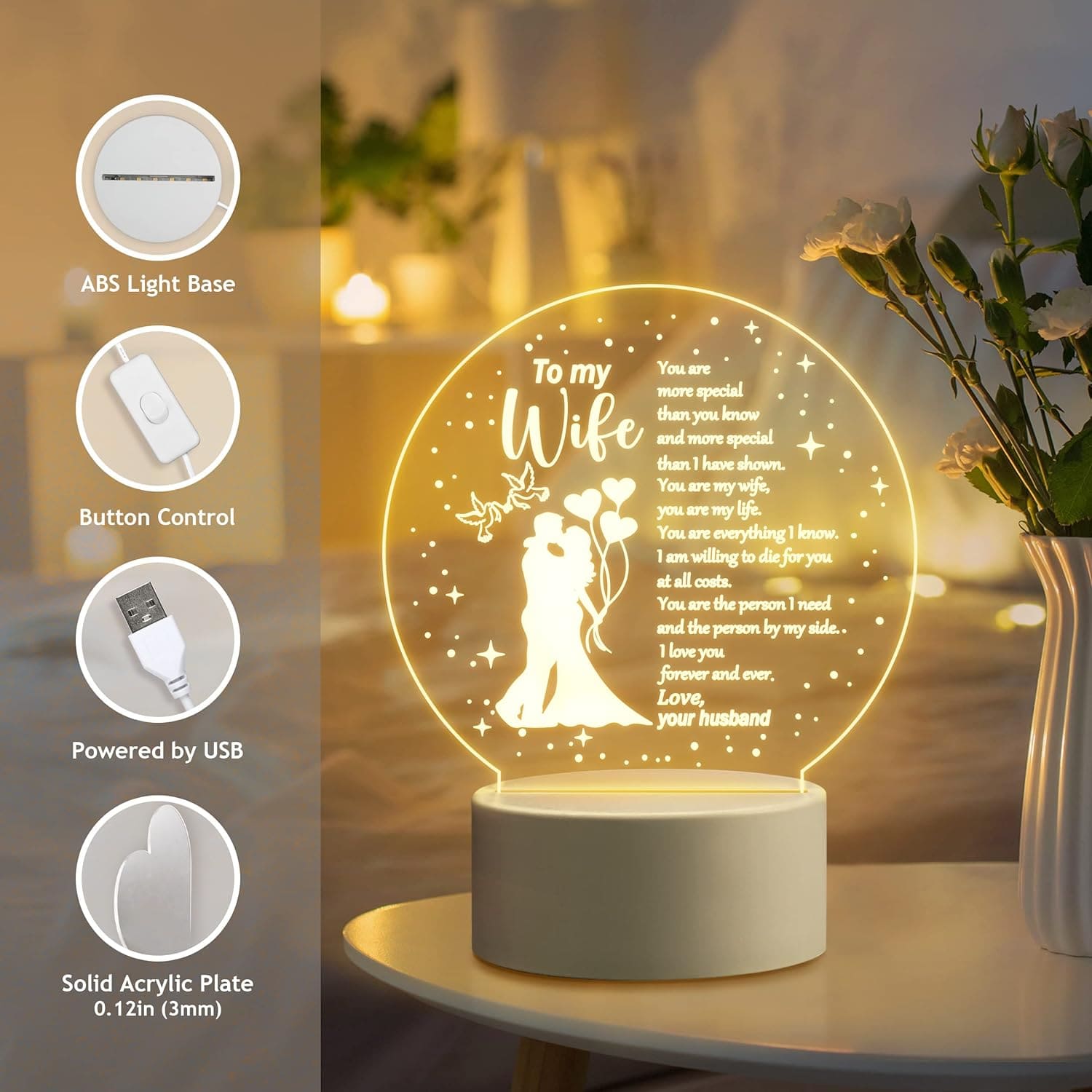 Circular Shaped Acrilic Desk Lamp For Wife With Plastic Base & Switch Control - Charged By USB - B0BGHRK8Z9