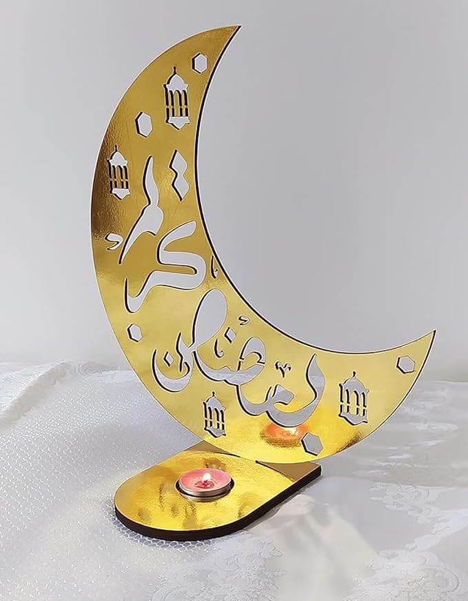 هلال رمضان خشبي 14 بوصة لون ذهبي مع شمعة - B09WJJFZ7N