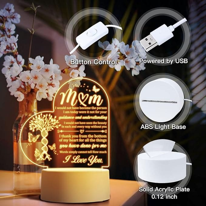 Heart Shaped Acrilic Desk Lamp For Mothers With Plastic Base & Switch Control - Charged By USB - B0BQBM3GCQ