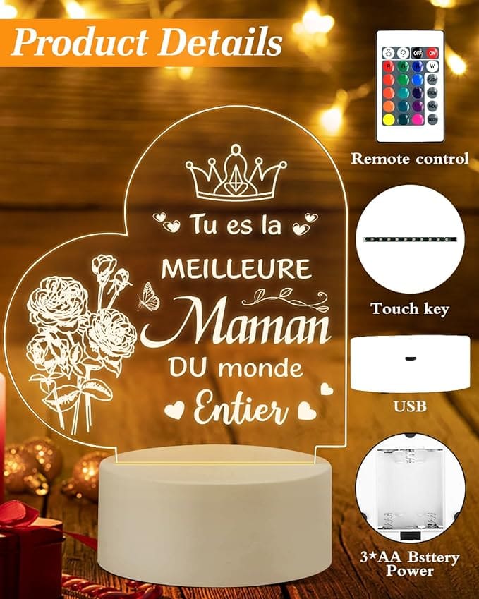 Heart Shaped Acrilic Desk Lamp Engraved With French Phrases For Mothers With Plastic Base & Switch Control - Charged By USB - B0C8N5LPXR