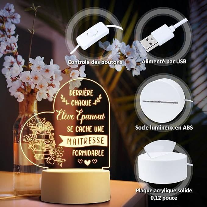 Heart Shaped Acrilic Desk Lamp Engraved With French Phrases For Your Teacher With Plastic Base & Switch Control - Charged By USB - B0C143V3S8