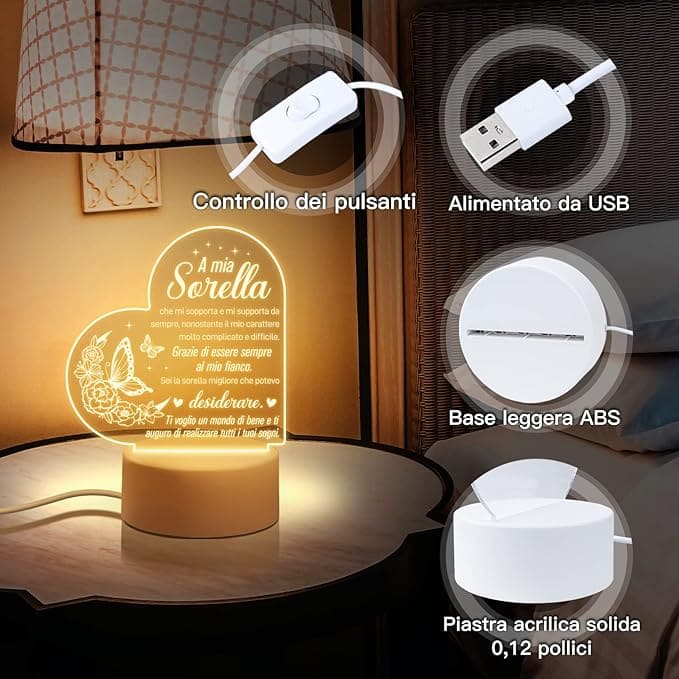 Heart Shaped Acrilic Desk Lamp Engraved With French Phrases For Sisters With Plastic Base & Switch Control - Charged By USB - B0C3V15RSQ