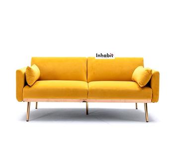 Living Room Sofa In Velvet With Metal Legs - W150cm D75cm H80cm - Color: Mustard Yellow - Inhabit - IF-00130