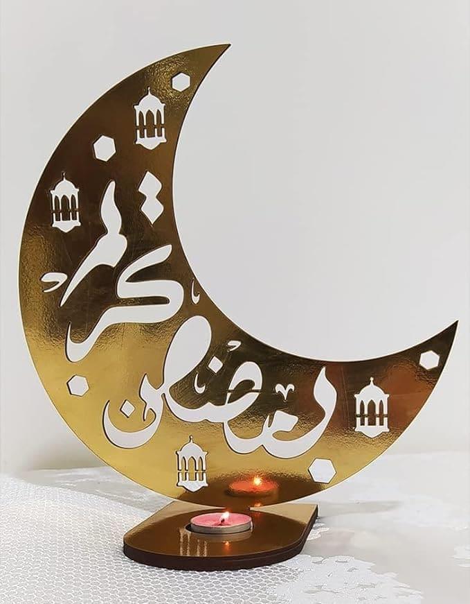 Wooden Ramadan Kareem Crescent With Candle 14 Inch - Golden - B09WJJFZ7N