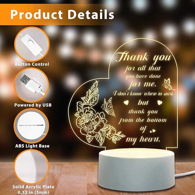 Heart Shaped Acrilic Desk Lamp With Plastic Base & Switch Control - Charged By USB - B0C38VQ52G