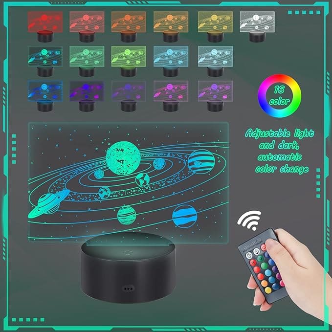 Solar System 3D Illusion LED Lamp With Plastic Base & Remote Control & 16 Changing Colors - Charged By USB Or Batteries - B09WDSZKMR