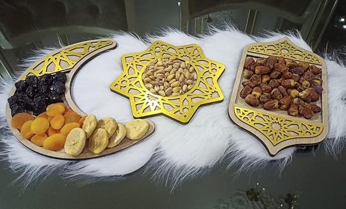 أطباق زينة لياميش رمضان 3 أشكال إسلامية من الخشب الذهبي - B09XKZLKGK