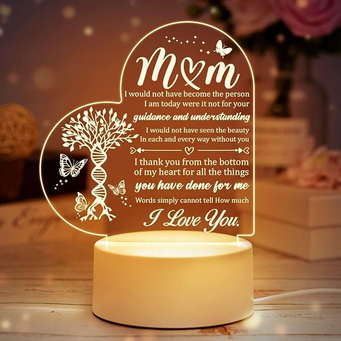 Heart Shaped Acrilic Desk Lamp For Mothers With Plastic Base & Switch Control - Charged By USB - B0BQBM3GCQ