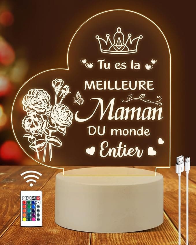 Heart Shaped Acrilic Desk Lamp Engraved With French Phrases For Mothers With Plastic Base & Switch Control - Charged By USB - B0C8N5LPXR
