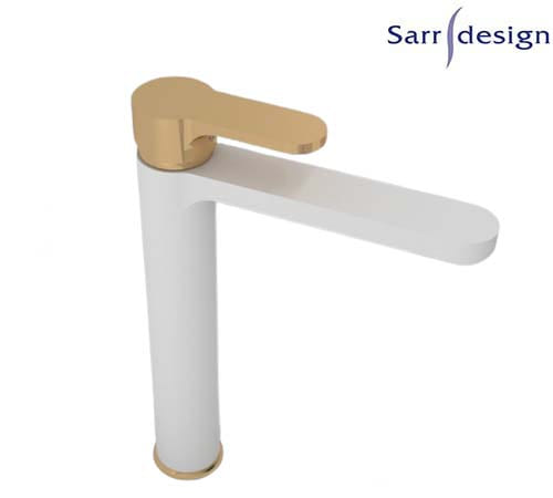 Tara Single Lever Long Basin Mixer With Push-up Waste White & Gold - Sarrdesign - SD1255-D-WGP
