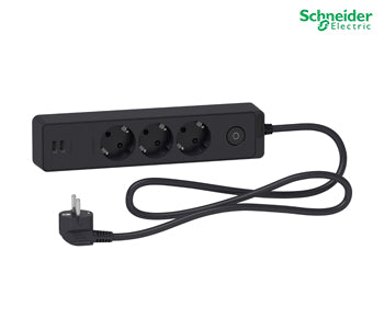 Trailing lead, Unica extend, 3 Schuko, Switchable, USB type A+A, 1.5m cable, anthracite