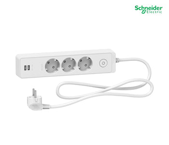 Trailing lead, Unica extend, 3 Schuko, Switchable, USB type A+A, 1.5m cable, white