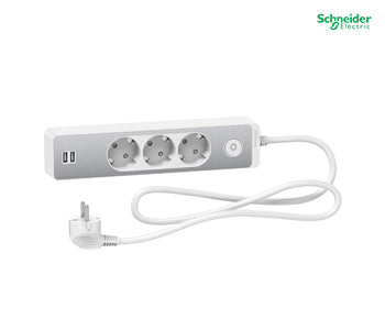 Trailing lead, Unica extend, 3 Schuko, Switchable, USB type A+A, 1.5m cable, aluminium/white
