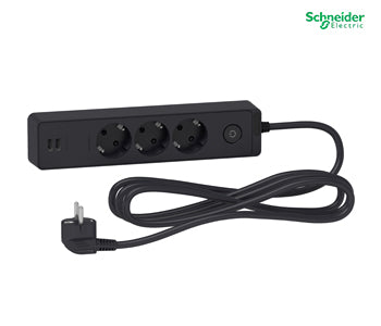 Trailing lead, Unica extend, 3 Schuko, Switchable, USB type A+A, 3m cable, anthracite