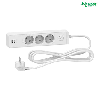 Trailing lead, Unica extend, 3 Schuko, Switchable, USB type A+A, 3m cable, white