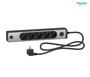 Trailing lead, Unica extend, 5 Schuko, swicthable, USB type A+A, 1.5m cable, anthracite/alu