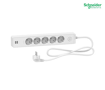 Trailing lead, Unica extend, 5 Schuko, swicthable, USB type A+A, 1.5m cable, white