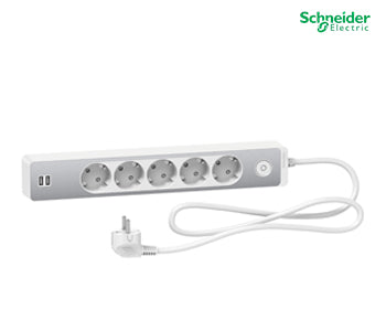 Trailing lead, Unica extend, 5 Schuko, swicthable, USB type A+A, 1.5m cable, aluminium/white