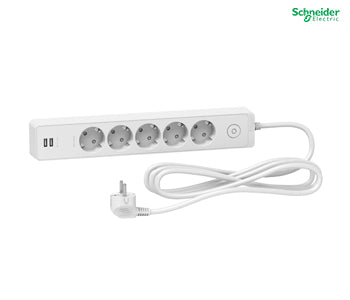 Trailing lead, Unica extend, 5 Schuko, swicthable, USB type A+A, 3m cable, white