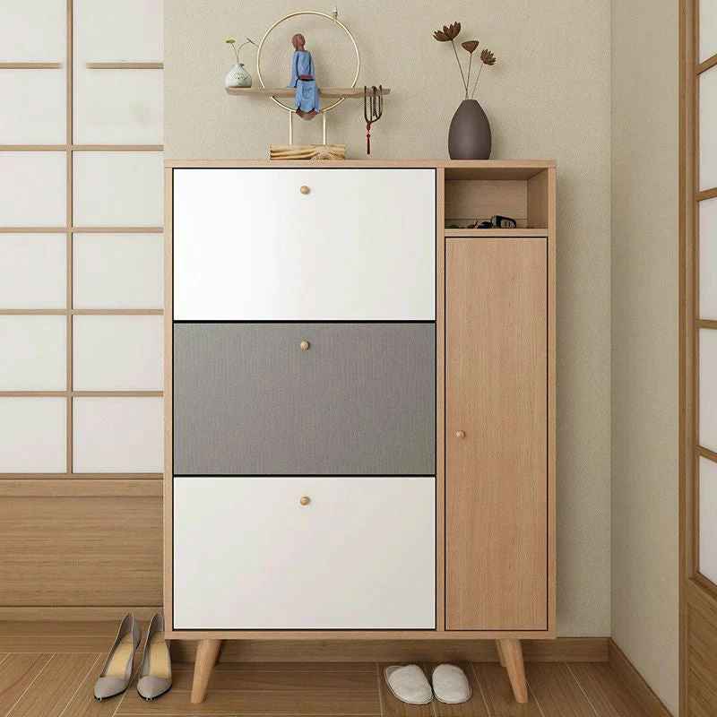 White & Gray & Brown MDF Shoe Storage Includes 3 Flip Shutters Including 1 Shelf In Each & The Legs Are Made Of Beech Wood 120*90*40 Cm - Pecky - SU50