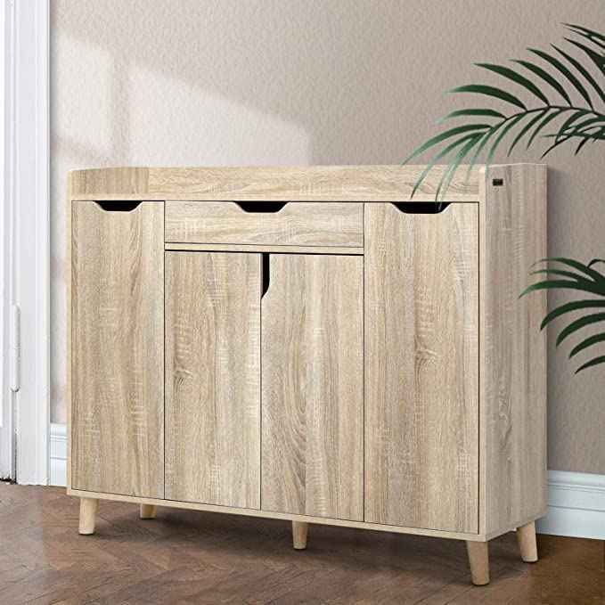Brown MDF Shoe Storage Includes 4 Hinge Shutters, A Drawer And Beech Wood Legs 110*120*40 Cm - Pecky - SU51
