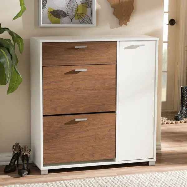 White & Brown MDF Shoe Storage Includes A Drawer & 2 Flip Shutters & A Flip Shutter Including 2 Shelves 100*90*40 Cm - Pecky - SU52