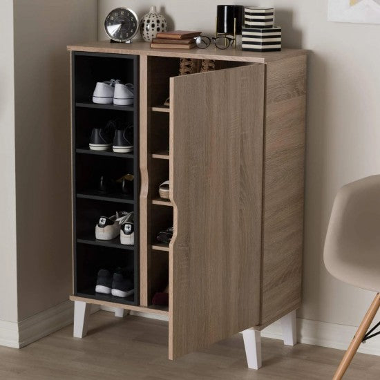 Brown MDF Shoe Storage Includes A Hinge Shutter & 4 Shelves With Open Part & Beech Wood Legs 110*80*40 Cm - Pecky - SU55
