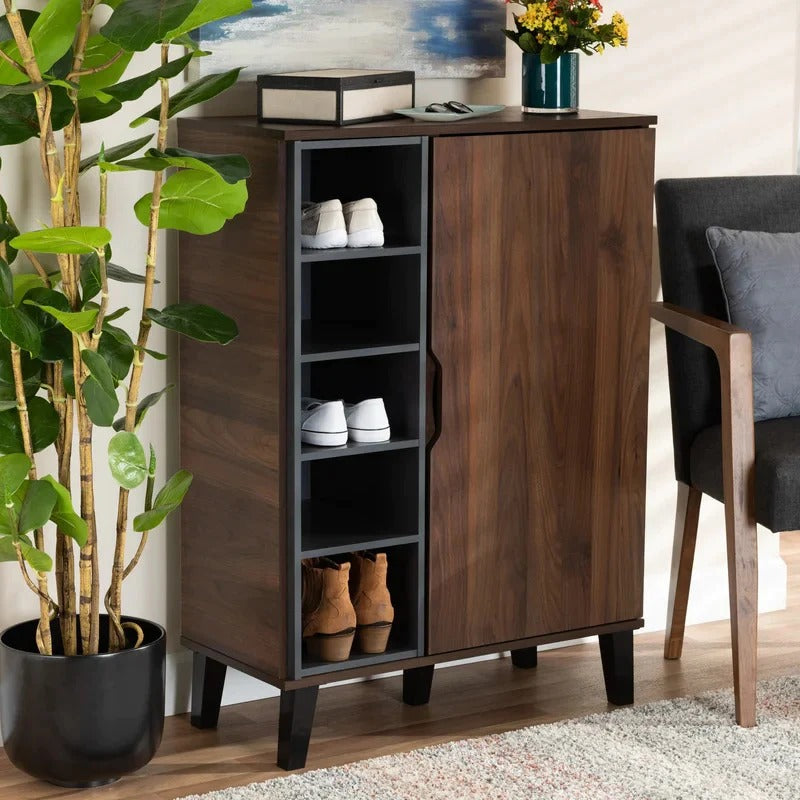 Black & Brown MDF Shoe Storage Includes A Hinge Shutter & 4 Shelves With Open Part & Beech Wood Legs 100*80*40 Cm - Pecky - SU56