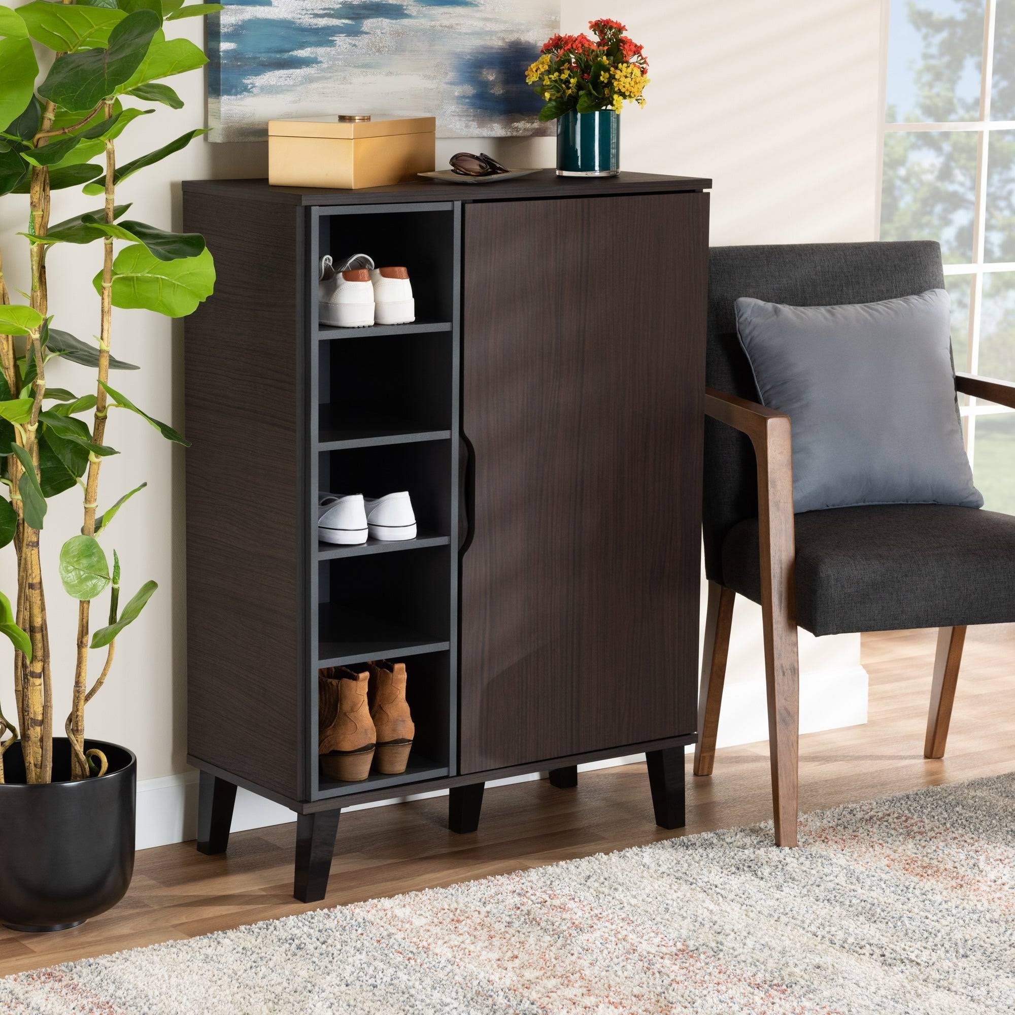 Black & Brown MDF Shoe Storage Includes A Hinge Shutter & 4 Shelves With Open Part & Beech Wood Legs 110*80*40 Cm - Pecky - SU57