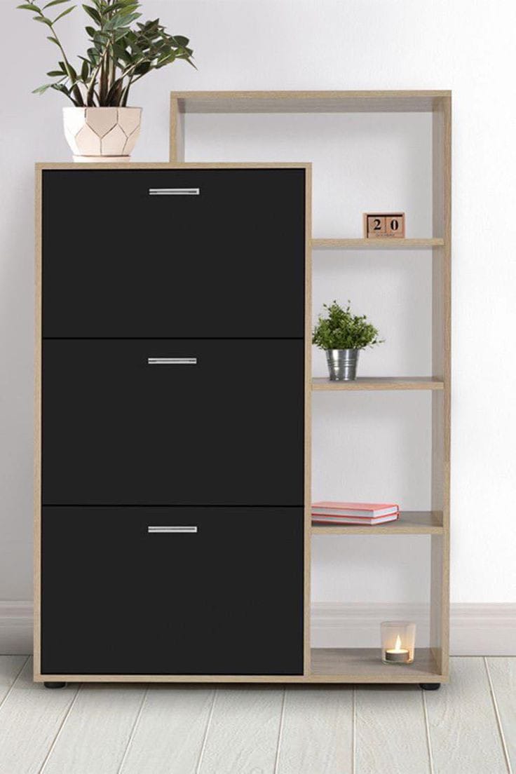 Black & Brown MDF Shoe Storage Includes 3 Flip Shutters And A Library With 3 Shelves 120*90*40 Cm - Pecky - SU60