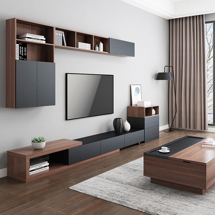 مجموعة تحتوى على وحدة تلفزيون مصنوعة من خشب mdf عالي الجوده مكونه من 3 درج و وحده بها ضلفه و جزء علوي يتكون من ضلفتين و وحده بها ضلفه - أسود وبني - 300*40*40 سم وترابيزة قهوة - بيكي - Set10
