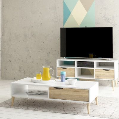 مجموعة تحتوى على وحدة تلفزيون مصنوعة من خشب mdf عالي الجوده مكونه من 2 درج و 4 رجول زان - أبيض وبني - 120*40*40 سم وترابيزة قهوة - بيكي - Set13