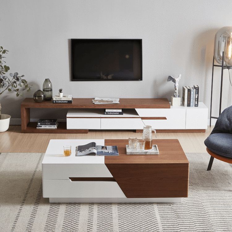 مجموعة تحتوى على وحدة تلفزيون مصنوعة من خشب mdf عالي الجوده مكونه من 3 درج و ضلفه - أبيض وبني 220*40*40 سم وترابيزة قهوة - بيكي - Set14