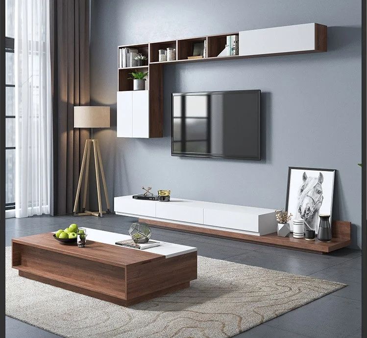 مجموعة تحتوى على وحدة تلفزيون مصنوعة من خشب mdf عالي الجوده مكونه من 3 درج و جزء علوي يتكون من ضلفتين أبيض و بني - 200*40*40 سم وترابيزة قهوة - بيكي Set18
