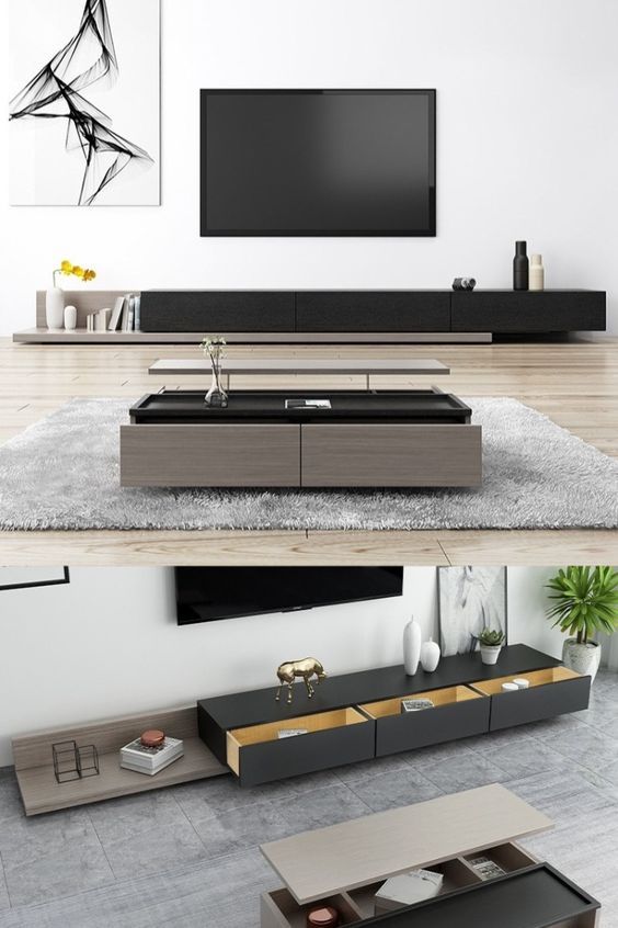 مجموعة تحتوى على وحدة تلفزيون مصنوعة من خشب mdf عالي الجوده مكونه من 3 درج أسود وبني - 240*40*40 سم وترابيزة قهوة - بيكي - Set2