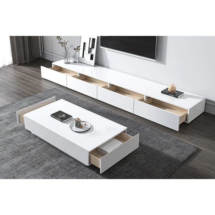 مجموعة تحتوى على وحدة تلفزيون مصنوعة من خشب mdf عالي الجوده مكونه من 4 درج أبيض - 240*40*40 سم وترابيزة قهوة - بيكي - Set23