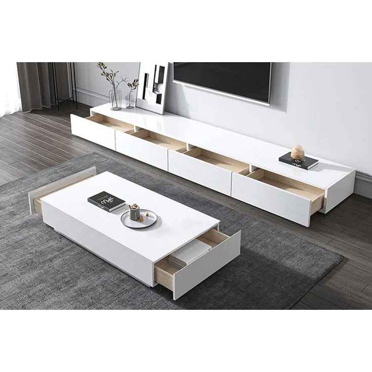 مجموعة تحتوى على وحدة تلفزيون مصنوعة من خشب mdf عالي الجوده مكونه من 4 درج - أبيض - 240*40*40 سم وترابيزة قهوة - بيكي - Set30