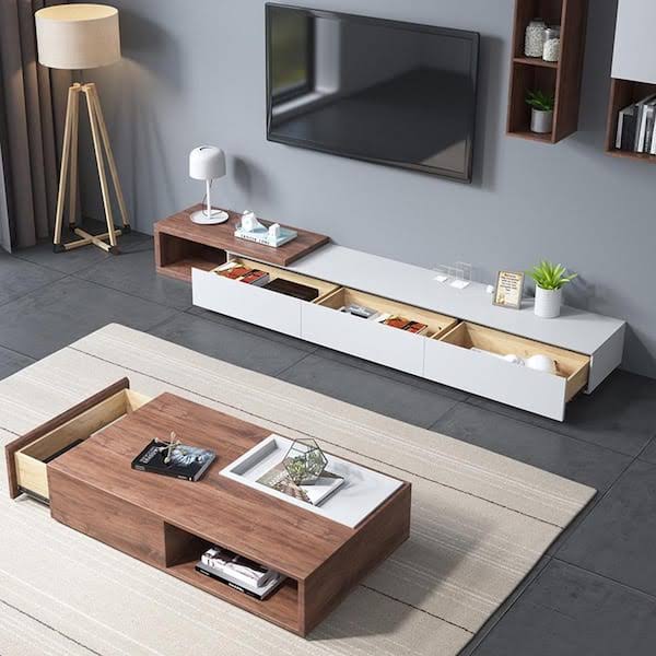 مجموعة تحتوى على وحدة تلفزيون مصنوعة من خشب mdf عالي الجوده مكونه من 3 درج - أبيض وبني - 240*40*40 سم وترابيزة قهوة - بيكي Set34