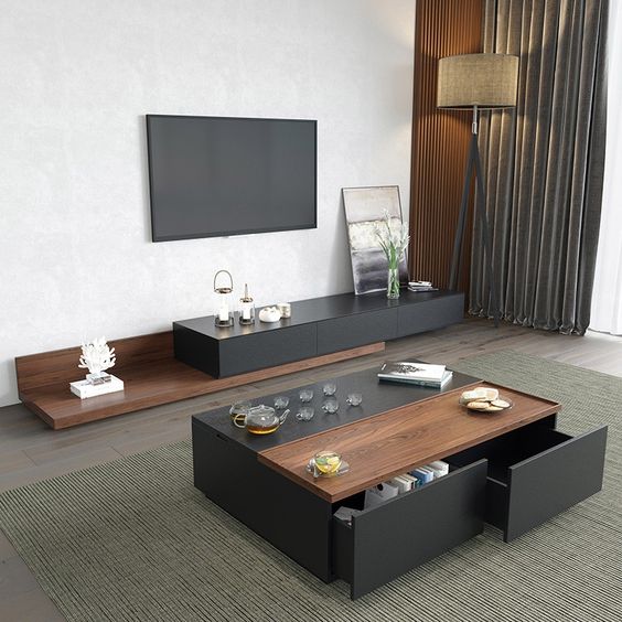 مجموعة تحتوى على وحدة تلفزيون مصنوعة من خشب mdf عالي الجوده مكونه من 3 درج - أسود وبني - 240*40*40 سم وترابيزة قهوة - بيكي - Set6