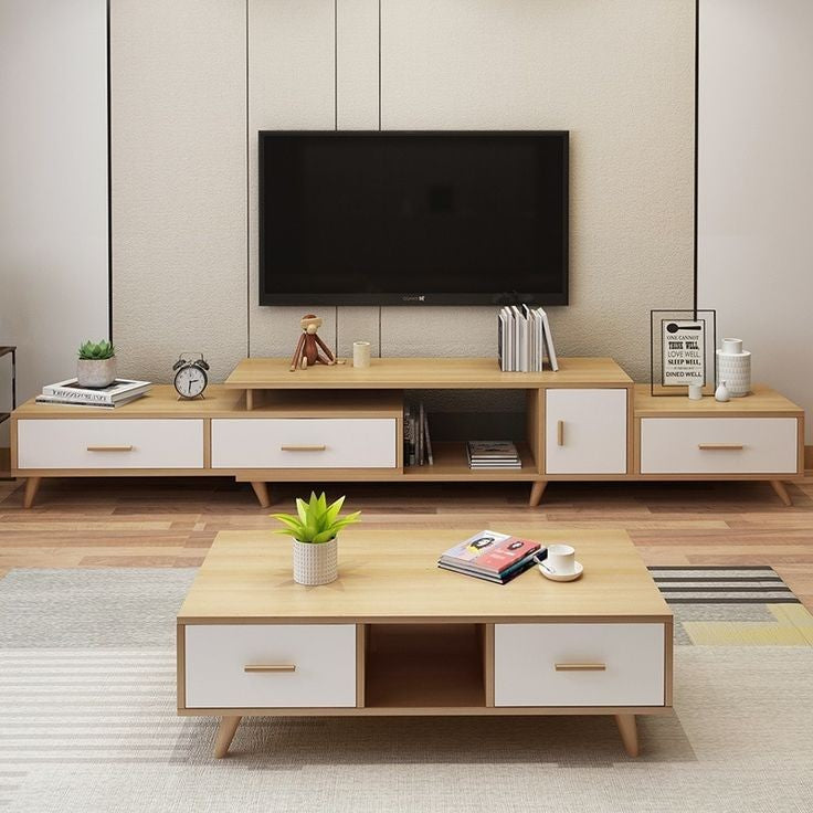 مجموعة تحتوى على وحدة تلفزيون مصنوعة من خشب mdf عالي الجوده مكونه من 3 درج و ضلفه - أبيض وبني - 220*40*40 سم وترابيزة قهوة - بيكي - Set8