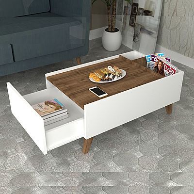White & Brown Mdf Table Includes A Drawer & 4 Beech Wood Legs - 40*100*50 Cm - Pecky - Ta23