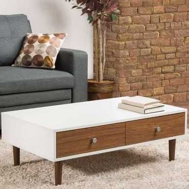 White & Brown Mdf Table Includes 2 Drawers & 4 Beech Wood Legs - 40*100*50 Cm - Pecky - Ta29