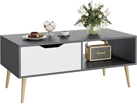 Black & White Mdf Table Includes A Drawer & 4 Beech Wood Legs - 40*100*50 Cm - Pecky - Ta35