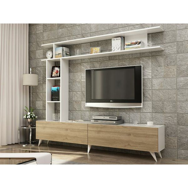 White & Brown MDF TV Unit With 2 Flip Shutters & Upper Part - 160*40*40cm - Pecky - TV19