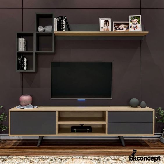 Grey & Brown MDF TV Unit With 2 Drawers & 1 Flip Shutter & Upper Part - 180*40*40cm - Pecky - TV27