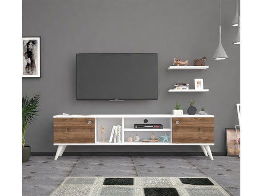 White & Brown MDF TV Unit With 2 Flip Shutters & 2 Upper Shelves - 180*40*40cm - Pecky - TV28